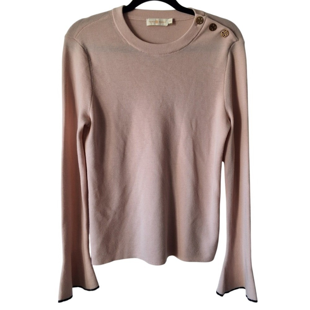 Tory Burch Women‎ M Kimberly Bell Sleeve Merino Wool Holiday Preppy Sweater Pink - Picture 2 of 6